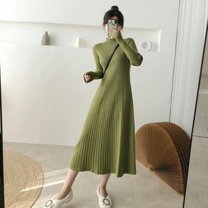 Casual Dresses Autumn Winter Mid-Length A-Line Sticked Dress Women One Piece Solid Color Robe Longue Vestido Largo