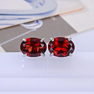 Stud Earrings Oval Natural Red Garnet 925 Sterling Silver Simple Style Gemstone Size 6 8mm For Daily Wear