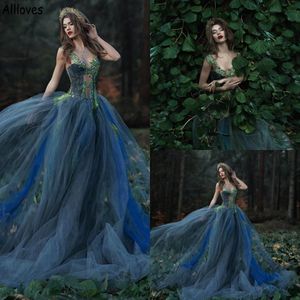 Fairy Forest Turquoise Velvet Prom Dresses Sparkle Rhinestones Beaded Fluffy Tulle Vintage Ball Gown Sexy Hollow Out V Neck Cap Sleeves Evening Dress Robe CL1777