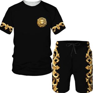 Herrspårssuits Summer 3D Golden Pattern Lion Head Printed Men t-shirtshorts Suit Overized Casual Man Sportswear Tracksuit Trend 2-Piece Set 230204