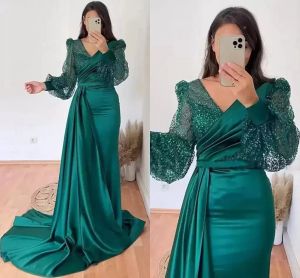 Dark Green Evening Dresses Long Sleeves Sequins V Neck Mermaid Sweep Train Satin Plus Size Pleats Prom Gown Formal Custom Vestidos estidos