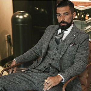 Men's Suits Mens Classic Herringbone Wedding Groom Tuxedo Vintage Formal Business 3 Piece Sets Male Wool Blazers (Jacket Vest Pants)