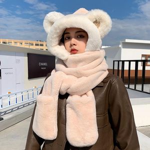 Beanies Beanie/Skull Caps Bear Hat Scarf Gloves All-in-one Three-piece M Ear Female Thickened Warm Three-in-one Anti- Velvet