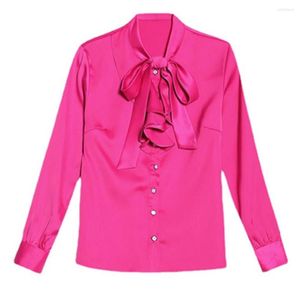 Blouses feminina Blusa de camisa de chiffon coreana vintage para mulheres colarinho de manga comprida colar elegante feminina rosa babado vermelho azul branco