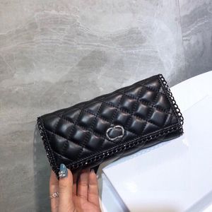 Womens Black Long Bifold Cowhide Wallet Bags With Chain Around Purse Calfskin Genuine Leather Card Holder Multi Pochetee Aged Silver Metal Clutch Pocket 19X10CM