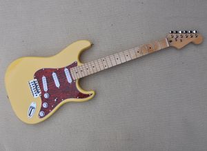 6-saitige gelbe E-Gitarre mit rotem Perlmutt-Schlagbrett, Ahorn-Griffbrett, SSS-Tonabnehmer. Kann individuell angepasst werden