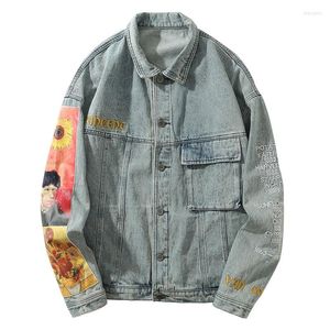 Kurtki męskie haft haftowy dżinsowa kurtka męska hip hop swobodny luźny dżins drukowana ponadwymiarowa patchworkowa płaszcz uliczny harajuku jaquetas