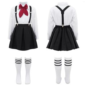 Kläder sätter barnskoloruniformer Barnflickor Choir Stage Performance Outfits Schoolflirls Lapel Bow Tie Top med Suspender kjol och