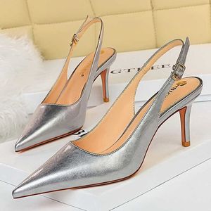 Dress Shoes 2022 Women 7cm 9.5cm High Heels Sandals Lady Shiny Leather Stripper Slingback Sandles Low Heels Wedding Silver Prom Summer Shoes G230130
