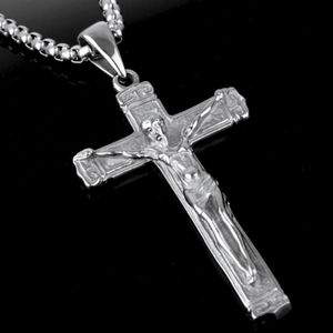 Kedjor vintage cool rostfritt stål silverfärg Jesus kors krucifix halsband hänge lådkedja 24 