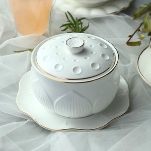 Bowls Household Stewing Cup Water-proof Ceramic Bird's Nest Soup With Cover Bone Porcelain Pure White Circular Gold Stew Pot Tank