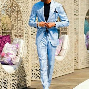 Men's Suits Tailored Light Blue Check Mens 2 Pieces Groom Man Pants Suit Business Wedding Blazer (Jacket Pants)