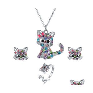 Orecchini Collana Cute Cartoon Cat Ring Set Spot Color Kitten Set di gioielli per animali per bambini Drop Delivery Otz0B