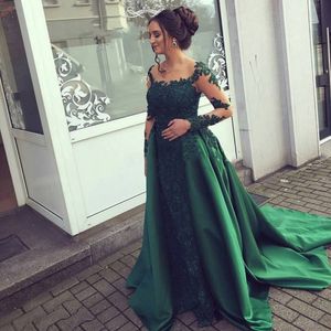 Emerald Green aftonkl￤nning spetsar l￥nga ￤rmar prom kl￤nning chiffong applikationer kvinnor party kl￤nning mor till brud vestidos de fiesta
