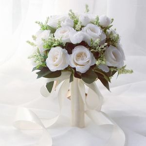 Decorative Flowers Bride Bouquet Bridesmaid Wedding Flower White Artificial Roses Bridal Bouquets Marriage Accessories