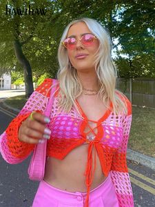 Koszulka damska Hawthaw Women Fashion Długie rękawowe dzianiny Fishnet puste uprawy topy