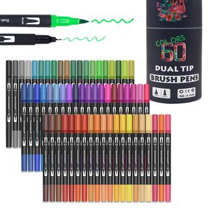 İşaretçiler 122460120132 Renkler Sanat Marker Pens Çizim Boyama Fineliner Çift Uçlar Suluboya Kaligrafi Sanat Malzemeleri için Fırça Kalemi 230203