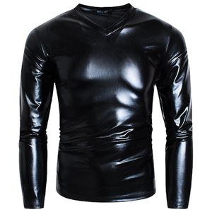 Men's T-Shirts Men Black Shiny Glossy Plus 5XL Faux Leather T-shirts Slim Fit V Neck Long Sleeve Tops Nightclub Party Performance Costumes 230204