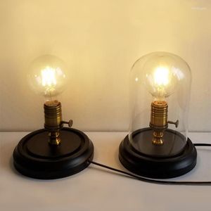 Lâmpadas de mesa Loft Vintage Industrial Black Wood Desk de lâmpada Retro Edison Base de madeira Luzes LED com interruptor ou abajur de vidro