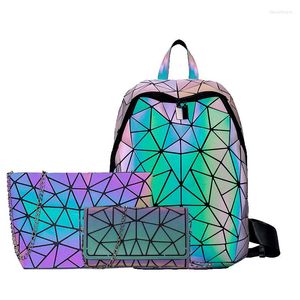 Schulbeutel Frauen Rucksack Faltbarer Crossbody -Tasche für Damen Clutch und Geldbörse Geometrische leuchtende Laptop -Beutel Holographic 3pcs Set