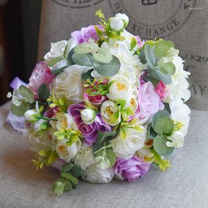 Decorative Flowers Bride Bridesmaid Wedding Bouquet Silk Ribbon Rose Artificial Holding Flower Marry Accessories Favors Decor