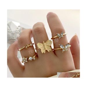 Bandringar Trendy Crystal Set for Women Girls Fashion Geometric CZ Zircon Butterfly Knuckle Finger Jewelry Drop Delivery Ring DHVY7