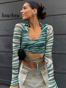 Damen-T-Shirt Hawthaw Frauen Herbst Winter Langarm gestreift bedrucktes Mesh Durchsichtig Crop Tops T-Shirt Herbstkleidung Großhandelsartikel 230204