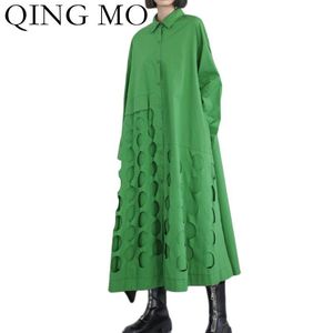 Casual Kleider Qing MO Herbst Mode Langarm Kleid Lose und Dünne Loch Hohl 2023 Trend Shirt Schwarz Grün ZWL503