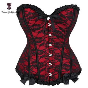 Vita e addominali Shapewear Red Women Mesh Grid Lingerie Basque Corselet Bustier Floral Lace Overlay Corset Overbust Plus Size 805 0719