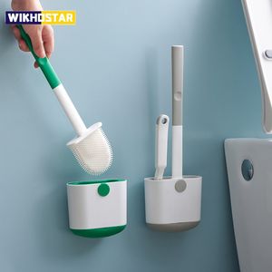 Toilet Brushes Holders WIKHOSTAR Toilet Brush Set Wall Mounted Toilet Brush With Drain Holder Silicone Flat Head Flexible Soft Bristles Cleaning Brush 230203