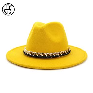 Chapéus largos de abrangência Chapéu amarelo marrom de verão para mulheres com cadeia Vintage Homens sentiu Fedoras Top Chapeau Femme Elegant