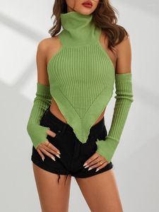 Women's Sweaters Women Halterneck Ribbed Vest Long Sleeve Sweater Crop Mock Neck Slim Pullover Asymmetrical Hem Jumper Top Streetwear