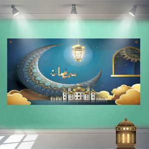 3x6 FT Large 2023 Muslim Ramadan Moon Banner Decorations Bakgrund Trädgårdsskylt Utomhusbakgrundsfesttillbehör med fyra mässingshylsor