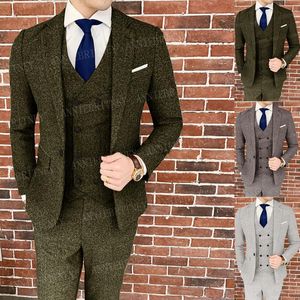 Abiti da uomo Blazer 2023 Marca Verde scuro Tweed Sposo Abito da sposa Smoking Slim Fit Grigio scuro Giacca Gilet Pantaloni 3 pezzi su misura Moda per