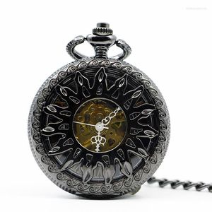 Taschenuhren Mode Coole Bronze Hohle Sonne Blume Design Skeleton Mechanische Uhr Mit Kette Für Männer Frauen PJX1223