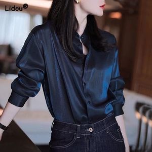 Women's Blouses Shirts Premium Black Single Breasted Straight Loose Chiffon Thin Long Sleeve Blouses Fashion Soldier Color Spring Autumn Women Clothing 230203