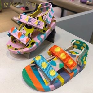 Sandálias mini melissa verão jelly shoes imprimir padrão bandagem plana sandálias infantis moda menino meninas sapatos de praia 230203