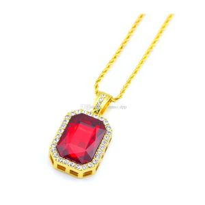 Pendant Necklaces Hip Hop Jewelry Square Ruby Sapphire Red Blue Green Black White Gems Crystal Necklace 24 Inch Gold Chain For Men F Otthv