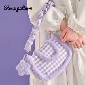 Evening Bags Stone Pattern Lolita Shoulder Bag Women 2023 Japanese Cute Purple Plaid Fur Messenger Plush Female Handbags Satchel