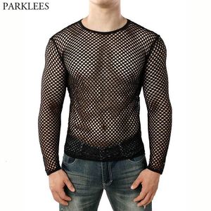 Men's T-Shirts Mens Transparent Sexy Mesh T Shirt See Through Fishnet Long Sleeve Muscle Undershirts Nightclub Party Perform Top Tees 230203