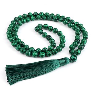 Hänge halsband naturliga 8mm malachite stenhalsband för kvinnor flickor yoga japamala mala radband pärlor knutna gröna tofs män juvelrypenda