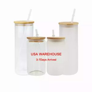 Blocos de vidro de sublimação dos EUA 16 onças com tampa de bambu fosco lata de cerveja borosilicato copo jarra copos caneca com canudo de plástico