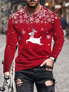 T-shirt da uomo Autunno Inverno Stile natalizio T-shirt a maniche lunghe da uomo Fiocco di neve e cervo Stampa 3D T-shirt rosse da uomo Festival Casual Top di grandi dimensioni 230203