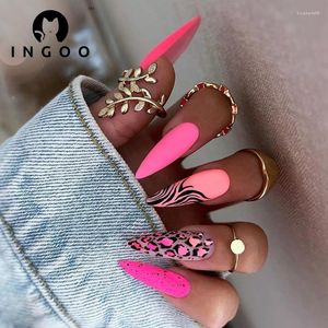 False Nails 24Pcs Reusable Fake Almond Matte Leopard Print Press On Pink Medium Length Artificial With Glue