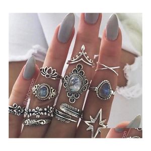 Кластерные кольца богемный антикварный серельный геометрический набор для женщин ретро звездообразование Lotus Charm Midi Knuckle Ring Ladies Boho Jewel Otzk1