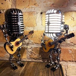 Dekorativa objekt Figurer Vintage Microphone Robot Lamp Spela Guitar Desk Led Lamp Light Vintage Miniatures Crafts Lighting Office Home Decoration 230204