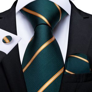 Neck Ties Green Gold Striped Men's Silk Ties 8cm Business Wedding Party Necktie Pocket Square Cufflinks Men Gift Gravatas DiBanGu 230204