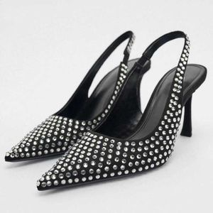Отсуть обувь ZA 2023 Женщины высокие каблуки хрустальные черные блеск каблуки элегантная женщина на каблуках туфли насосы заостренные ноги на пятках модные туфли G230130