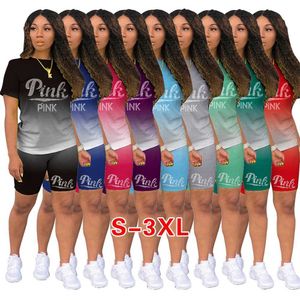 Kadınların eşofmanları iki parça set tasarımcı yeni 2023 yaz kısa kollu şort gündelik gradyan düz renkli spor kıyafeti S-3XL