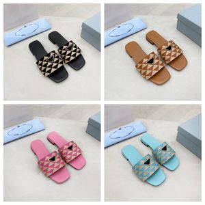 2023Woman Embroidered Fabric Slides Slippers Black Beige Multicolor Embroidery Mules Womens Home Flip Flops Casual Sandals Summer Leather Flat Slide Rubber Sole